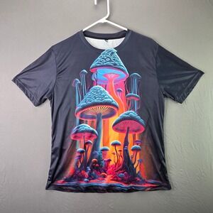 Unbranded Mushroom Graphic T-Shirt Mens M Black Neon Psychedelic All Over Print